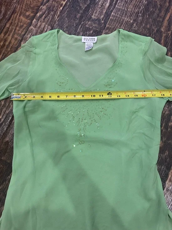 Allison Taylor Lime Green V-Neck Beaded Sheer Tunic fully lined - Picture 7 of 8